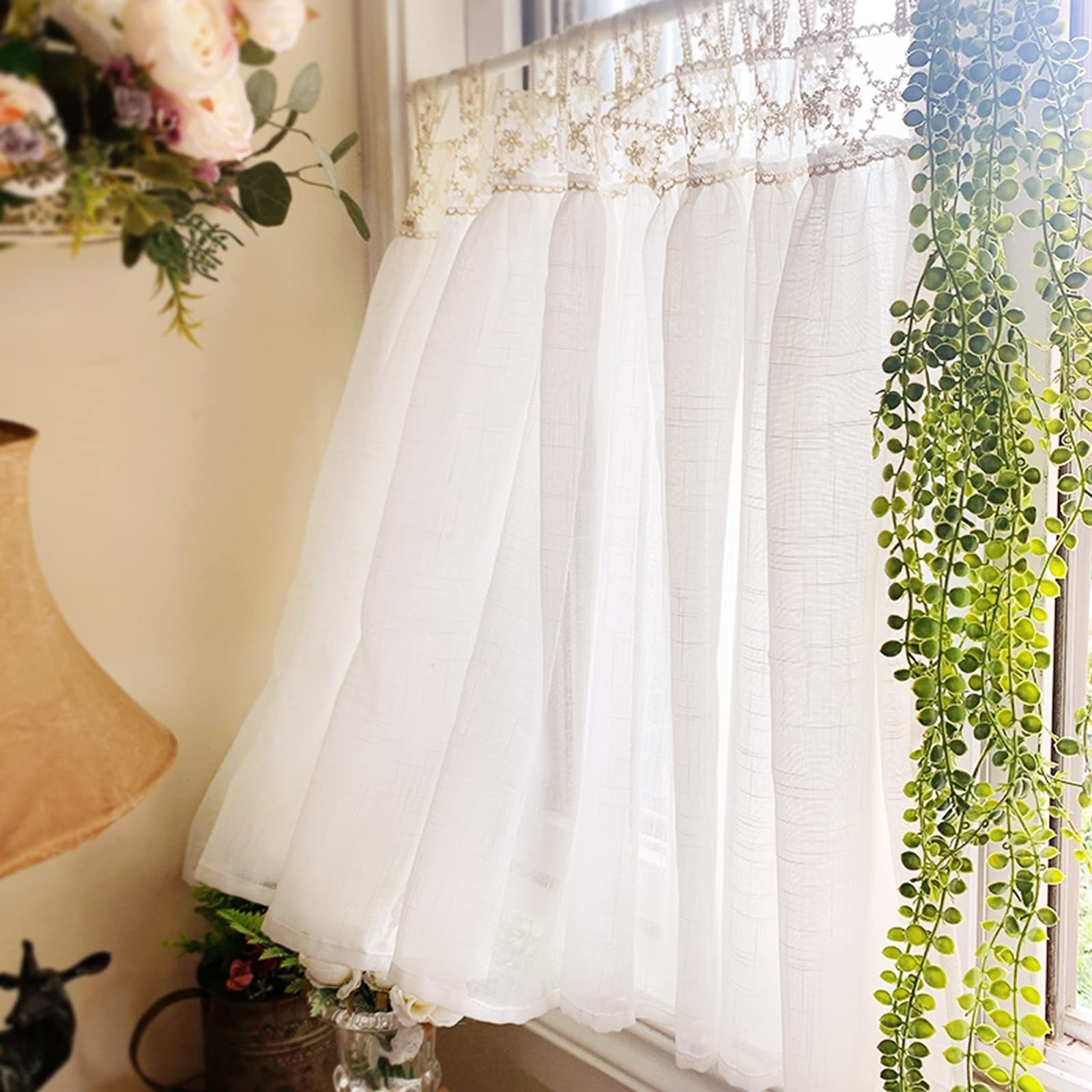 Cortinas semitransparentes bordadas de algodón y encaje de media ventana para cocina
