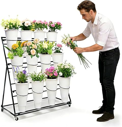 Soporte de exhibición de flores de 3 niveles con 12 cubos, carrito de plantas de flores de metal resistente con ruedas, barra de flores de gran
