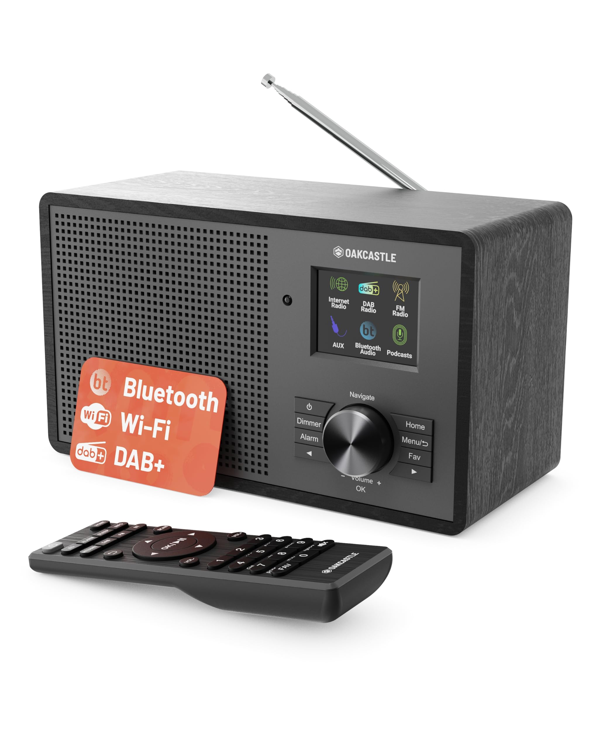 Radio Internet con Bluetooth 5.3 | Dab+ & FM 90+ Preajustes | Podcasts | Radio WiFi con Conexiones para Auriculares y AUX | Mando a Distancia con Control de Ecualización Incluido | Oakcastle IR200