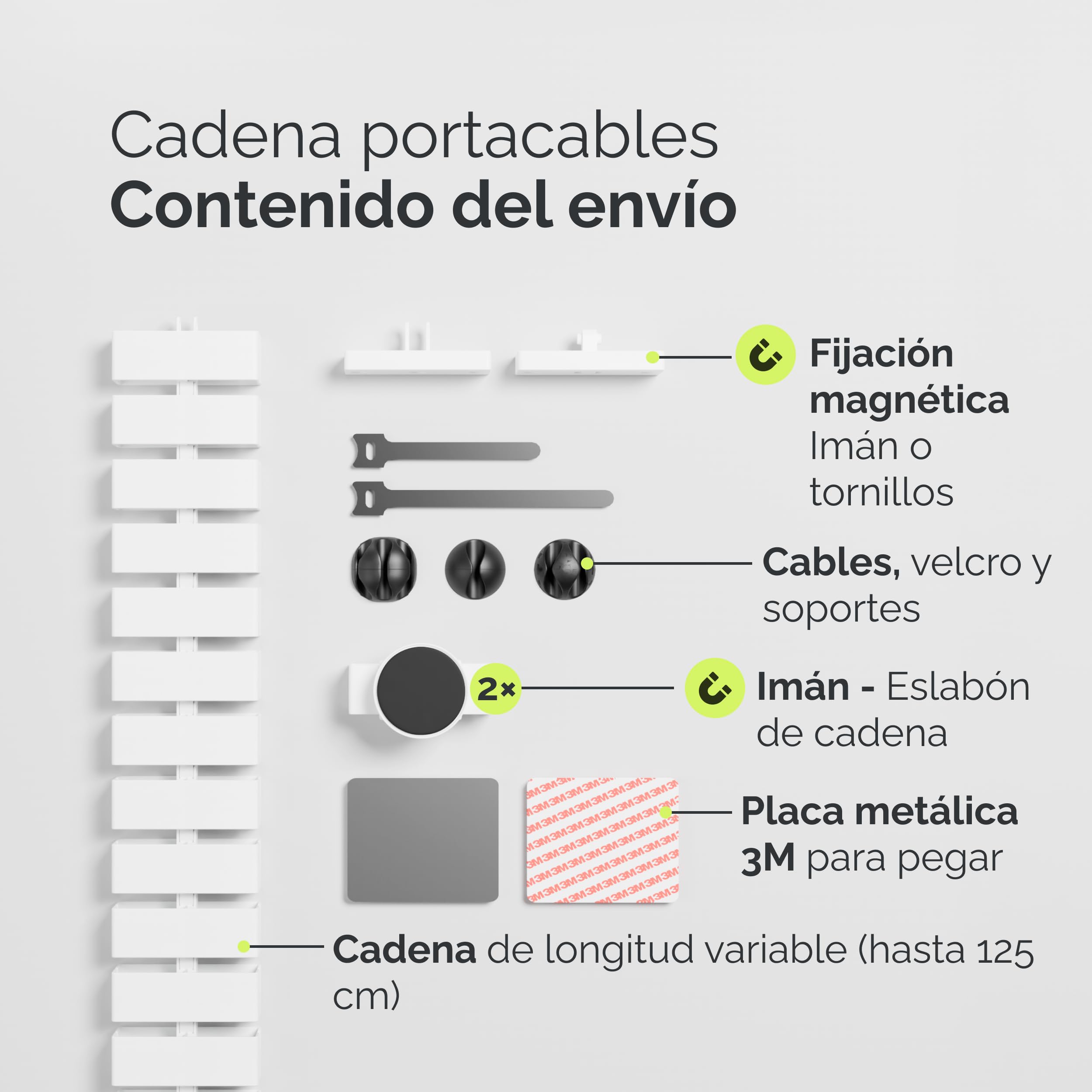 VALU Organizador de Cables Escritorio Premium – Cable Management 128 cm Flexible para Escritorio Regulable – Montaje con Tornillos o Adhesivo – 4 imanes y 3 organizadores incluidos