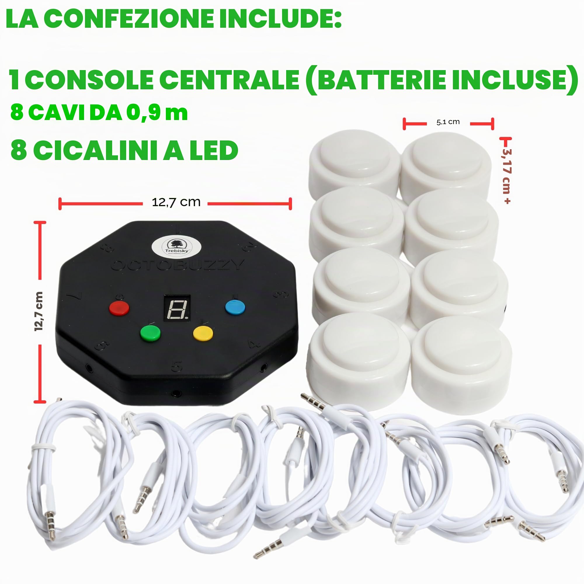 Trebisky Buzzer del gioco di risposta al quizSistema autonomo con pulsanti luminosi a LED Cavi da 3 piedi per 8 giocatori (sistema di seconda generazione)