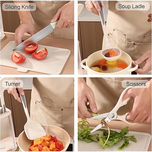 Miniatura 7 de Juego de utensilios de cocina de 17 piezas y juego de cuchillos con bloque acrílico, juego de utensilios de silicona para cocinar, juego de bloques