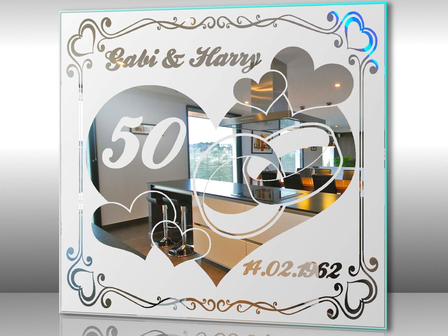 Spiegel mit Gravur zur Goldenen Hochzeit 1 ★ Wandbild ★ Hochzeitstag ★ Ehe ★ Hochzeitsgeschenk ★ 50 Jahre ★ personalisiert