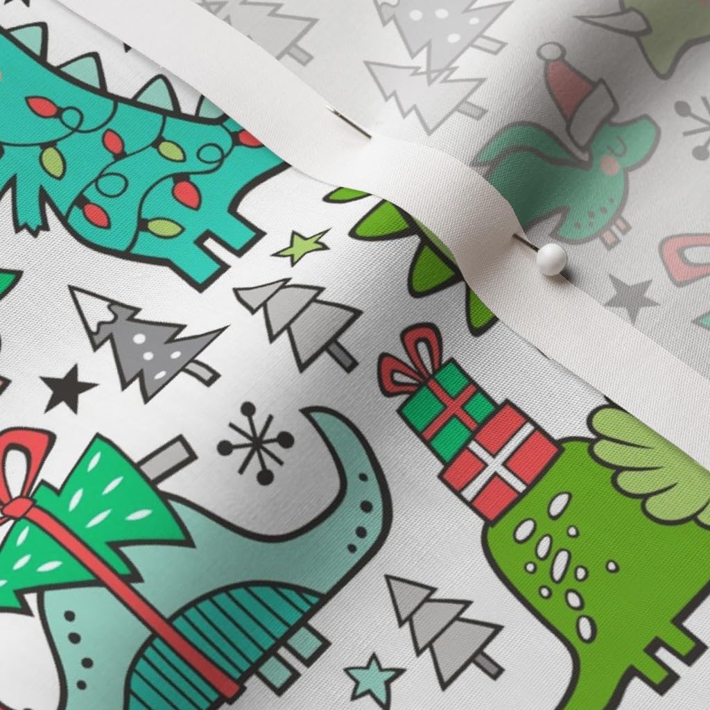 Spoonflower Fabric - Christmas Holidays Dinosaurs Trees Smaller Scale Xmas Winter Dino Printed on Cotton Poplin Fabric by The Yard - Sewing Shirting Quilting Dresses Apparel Crafts