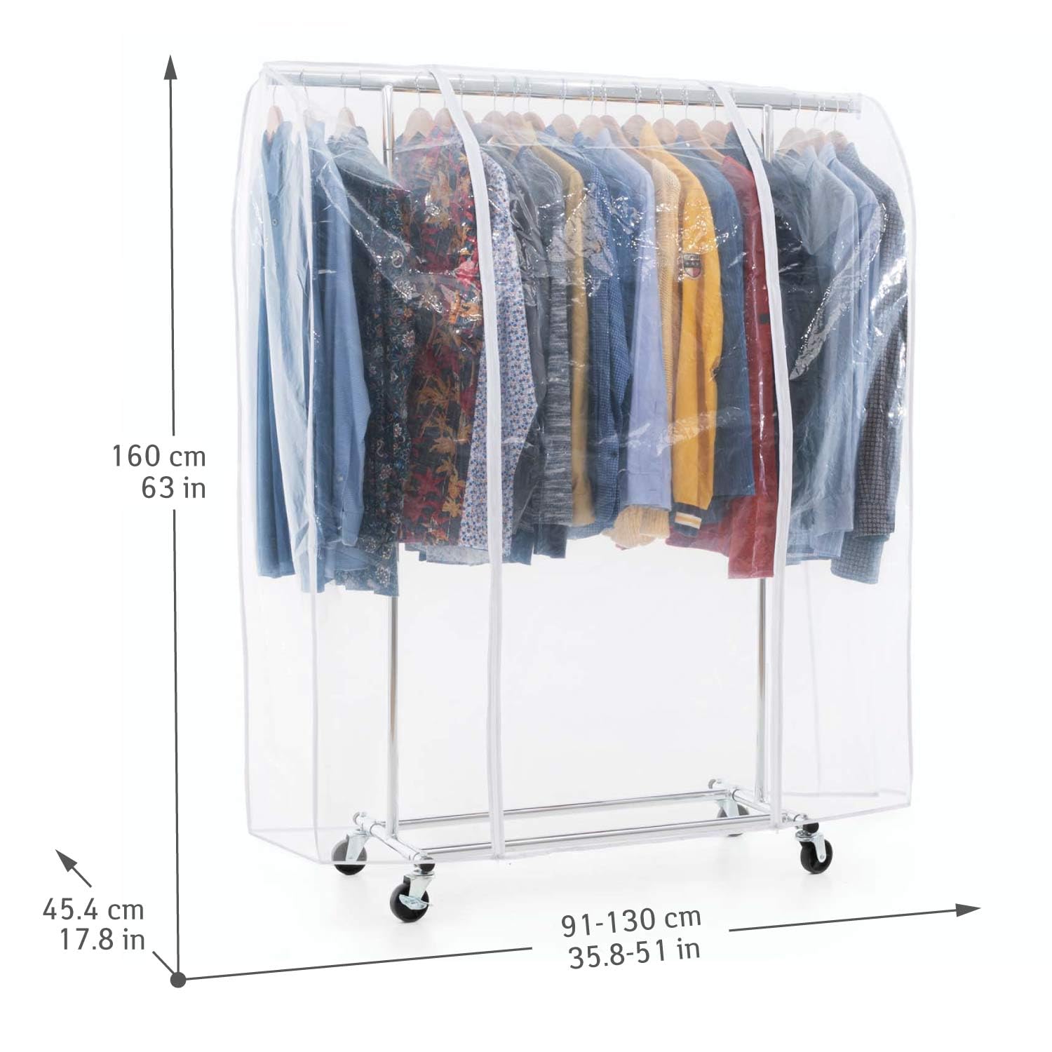 Tatkraft Danko & Anwalt - Burro para Ropa Resistentes y Funda, hasta 100 kg, Armario de Tela con Ruedas, 91-130x45.5x160cm, Acero Cromado