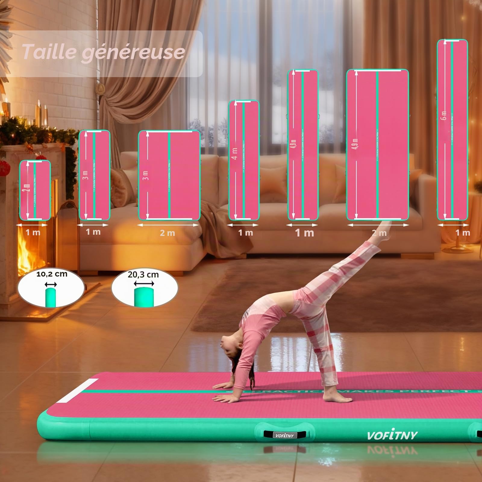 VOFiTNY Tapis de gymnastique tout usage 1,8/3/3,9/4,9/6,1 m robuste et gonflable pour maison/salle de sport