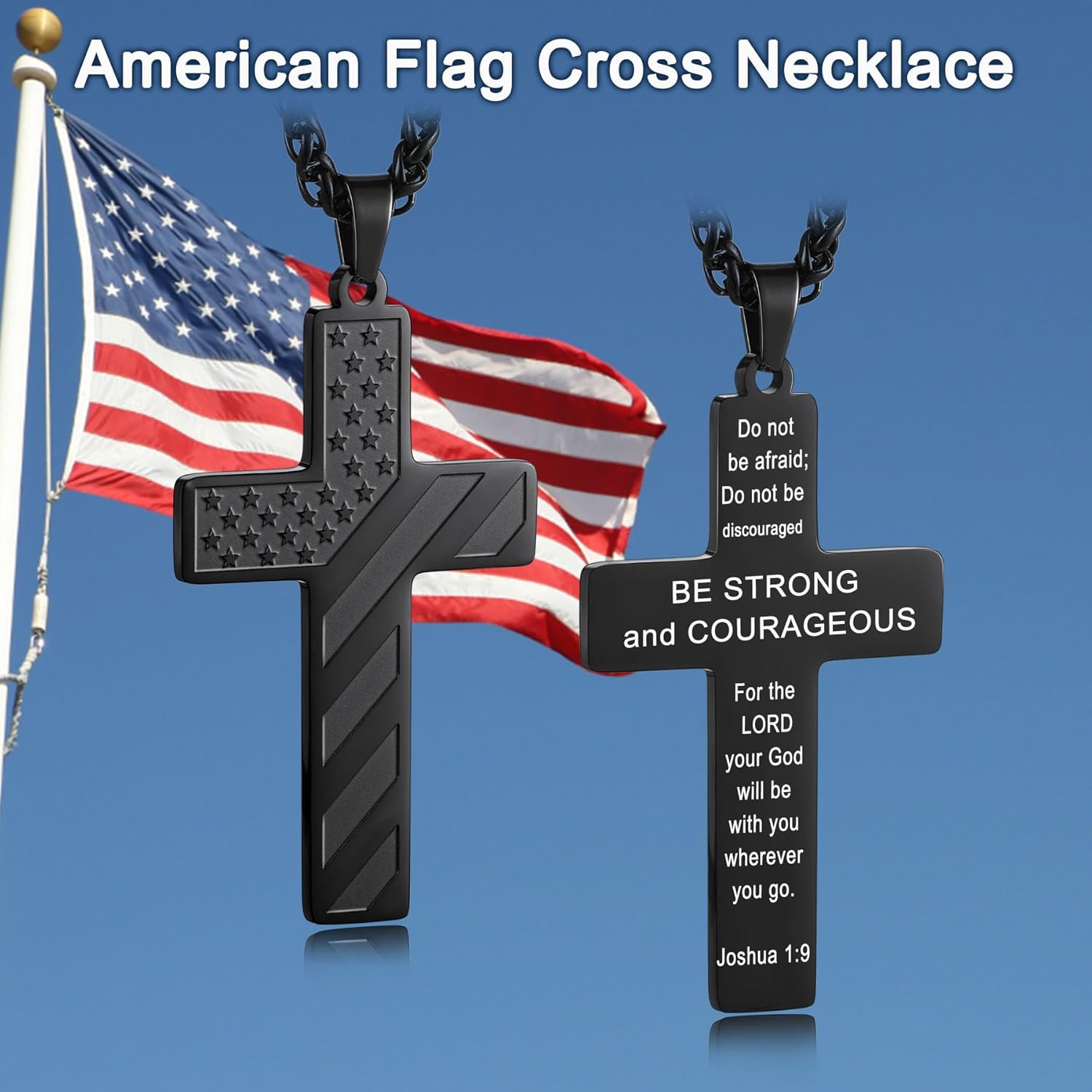 MeMeDIY 18+2 Inch Cross Necklace American Flag Cross Necklace for Men Stainless Steel Inspirational Bible Verse Cross Pendant Gold/Silver/Black Cross Chain Patriotic Jewelry - Image 5