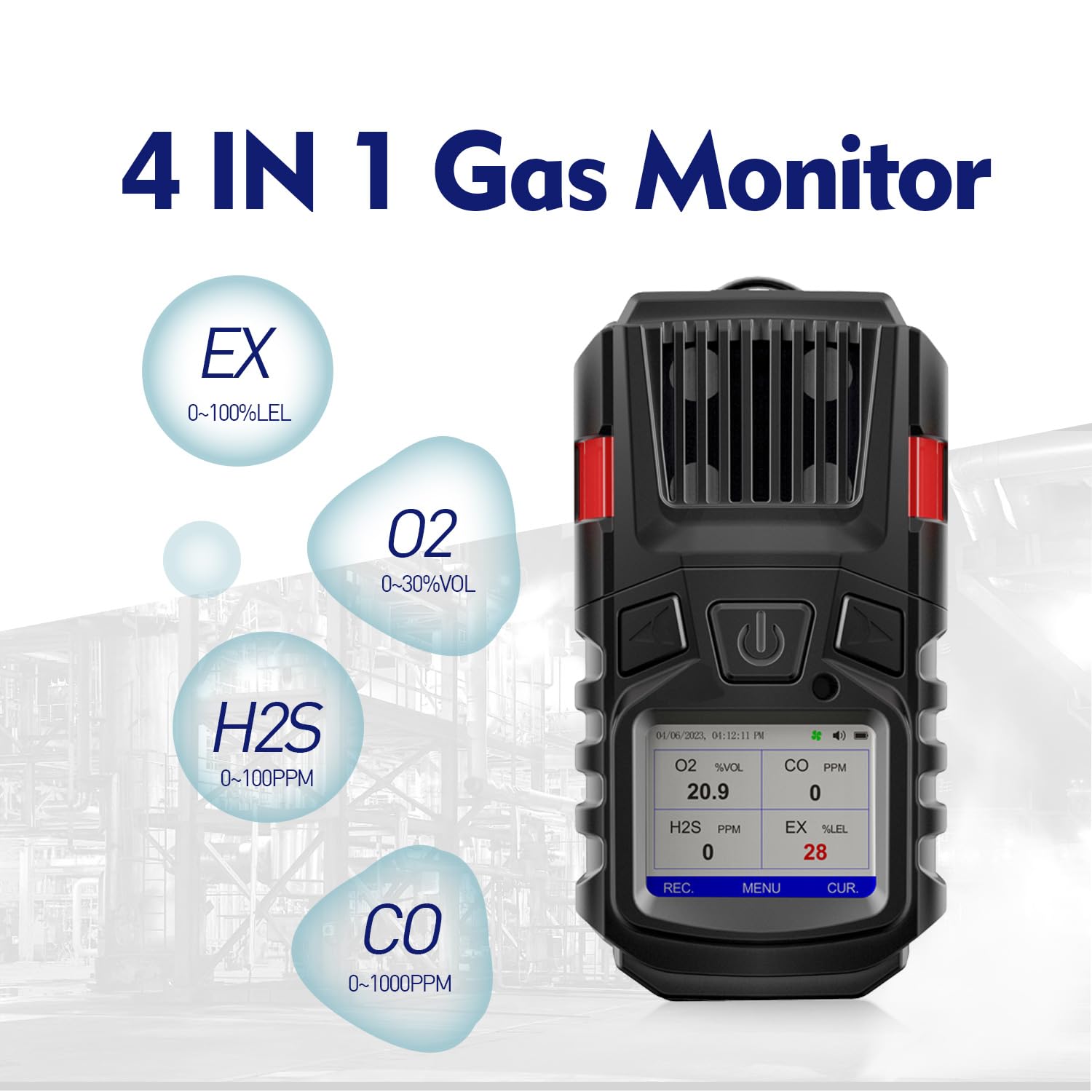 Detector de gas, 4 monitores de gas, detector de gas múltiple EX O2 H2S con clip, detector de gas recargable de 3000 mAh, registros de vista y curva, 4 monitores de gas portátiles con kit de