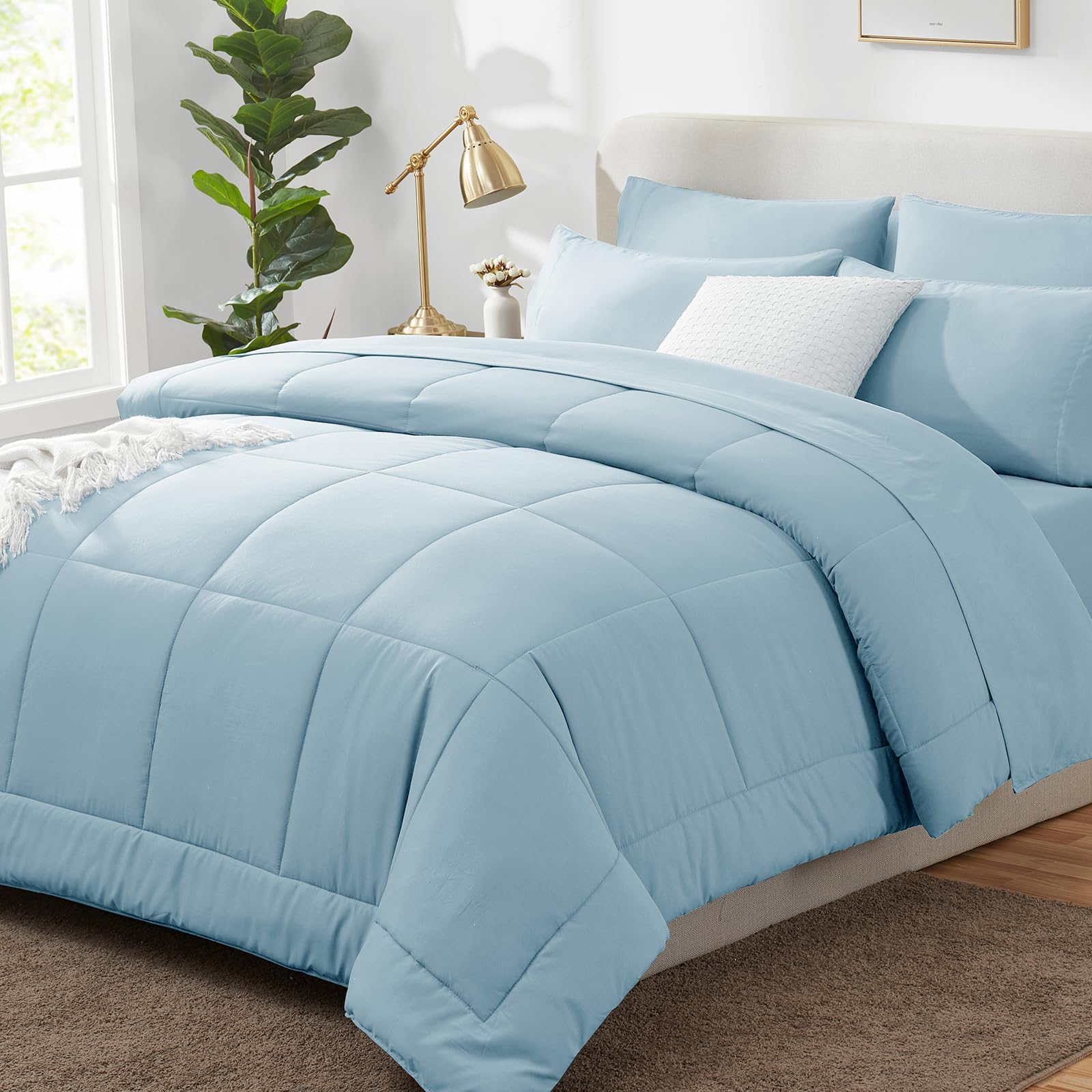 CozyLux Blue Comforter set Full Size Comforter Sets - 7 Pieces Bed in a Bag Set Light Blue, Bedding Sets Full with All Season Quilted Comforter, Flat Sheet, Fitted Sheet, Pillowcases, Light Blue, Full
