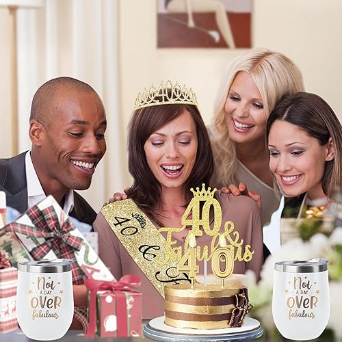 Miniatura 7 de Regalos de cumpleaños de 40 para mujeres con vasotaza de 12 onzas para vino o café, corona de cumpleaños, banda, decoración de pastel y velas,