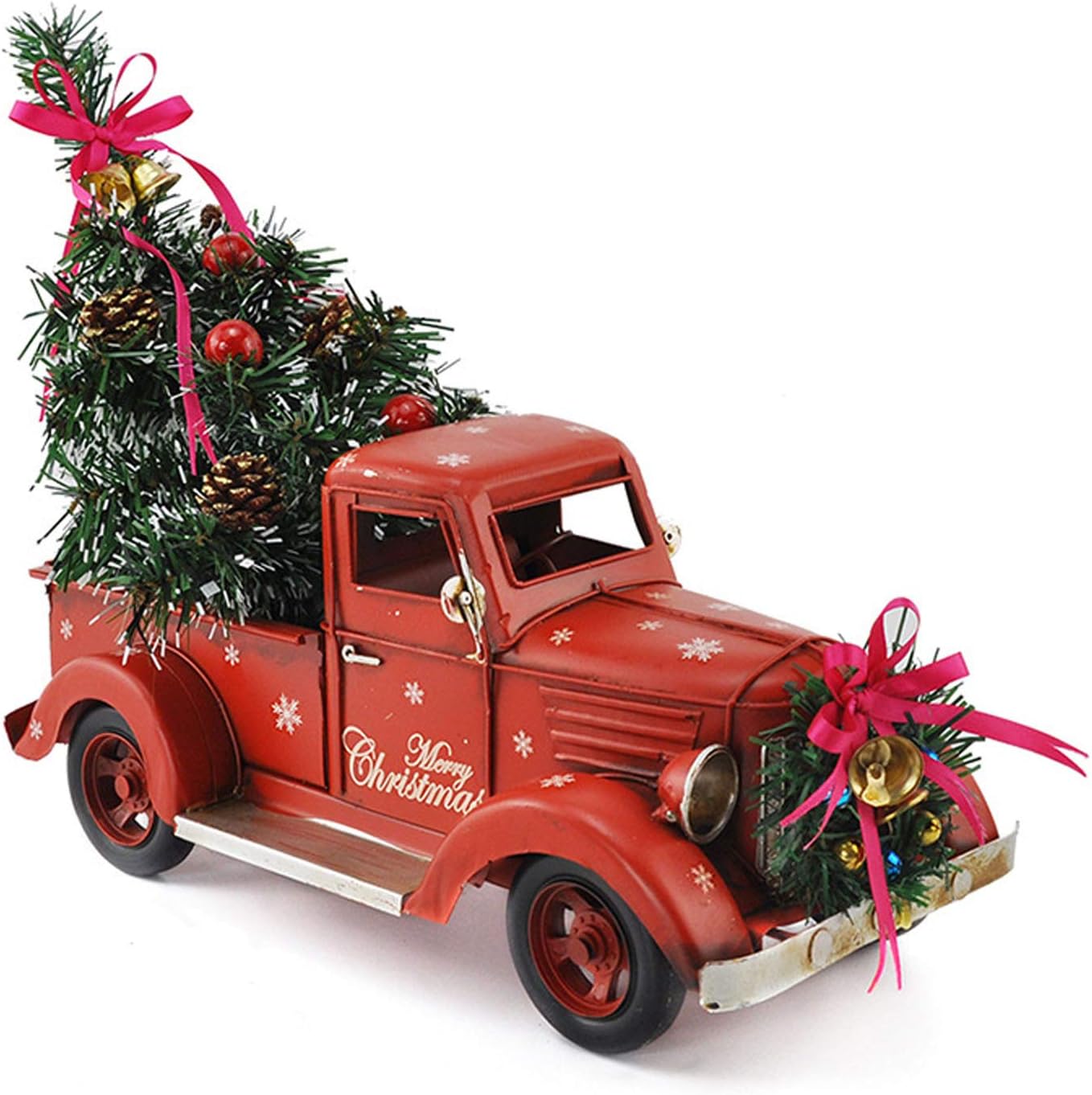 HAO Vintage Red Truck with Mini Christmas Trees Ornaments, Handcrafted Old Red Metal Pickup Truck Car Model for Christmas Decorations, Table Top Decor (18inch)