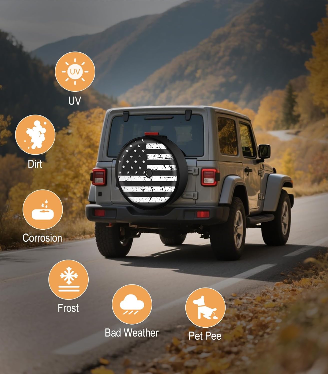 Black White Vintage American Flag Spare Tire Cover with Camera Hole, for Wrangler Tire Cover with Backup Camera Hole, SUV RV Trailer and Many Vehicle (17 Inch for Diameter 82"-83")