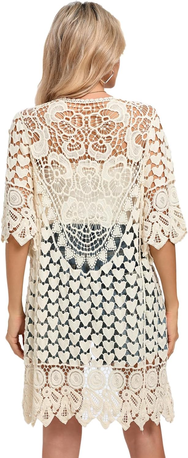 Women's Hollow Out Lace Kimono Short Sleeve Crochet Cardigan Cover up - Image 2
