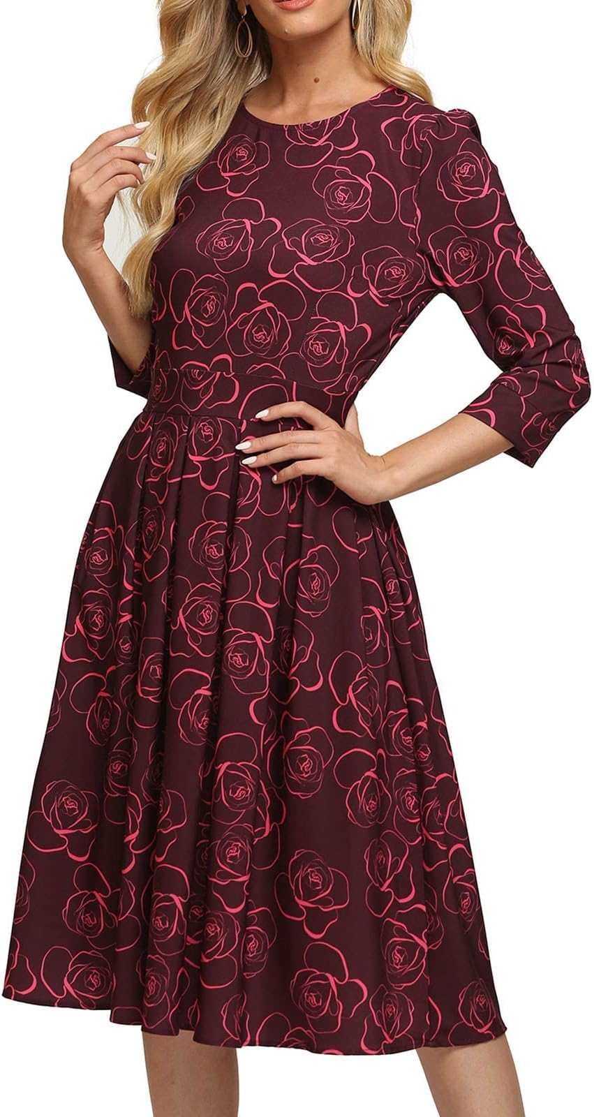 Women's Floral Vintage Dress Elegant Midi Evening Dress Cocktail Formal Dresses 3/4 Sleeves