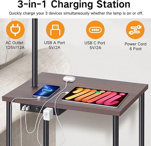 Miniatura 3 de OUTON Lámpara de pie con mesa, mesa auxiliar con lámpara adjunta para dormitorio, puerto de carga tipo C, salida de CA, mesa auxiliar con lámpara
