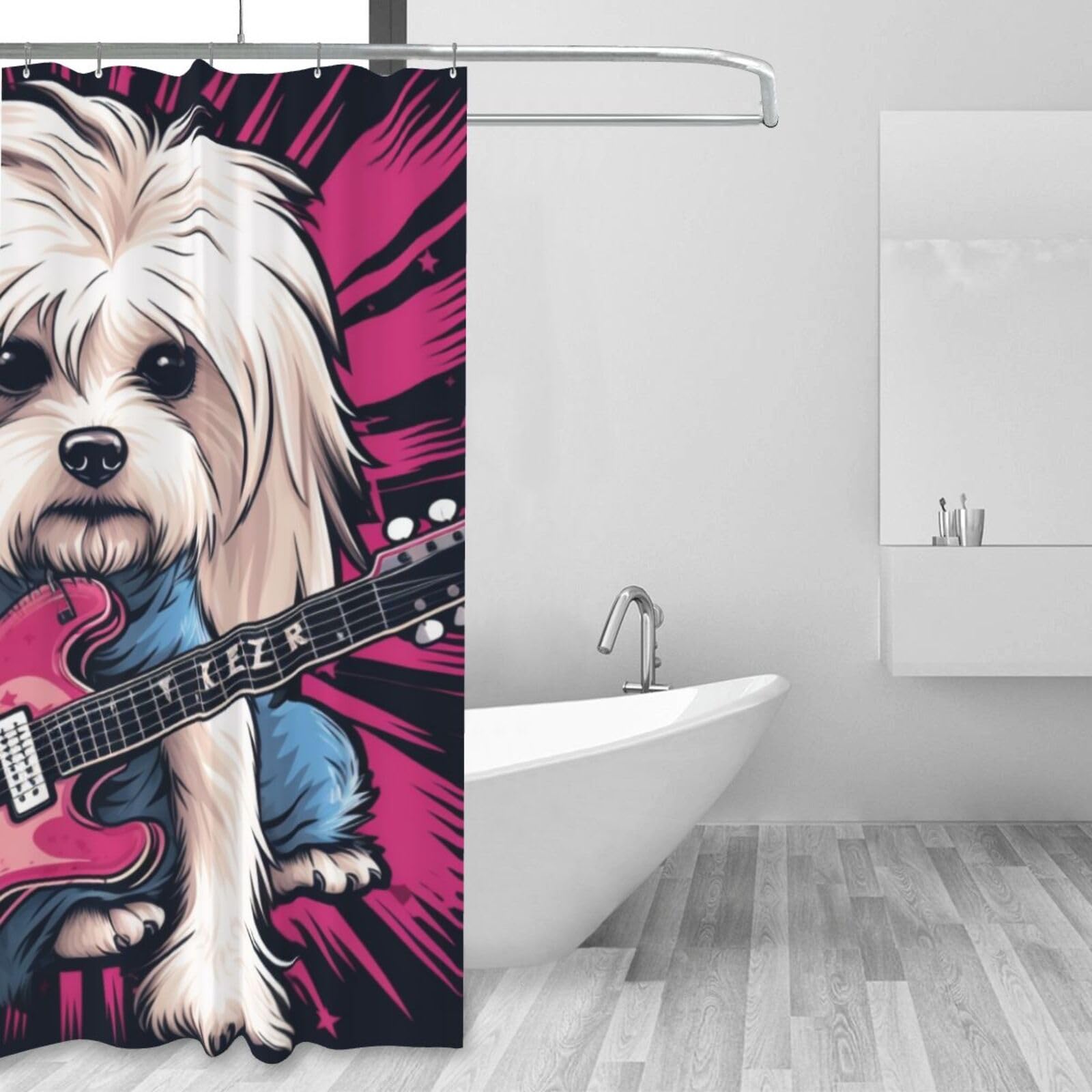 Play Guitar - Cortina de ducha con estampado de perro blanco de 60 x 72 pulgadas, cortina de ducha de tela de poliéster impermeable, decoración de bañera con 12 ganchos, secado rápido, lavable
