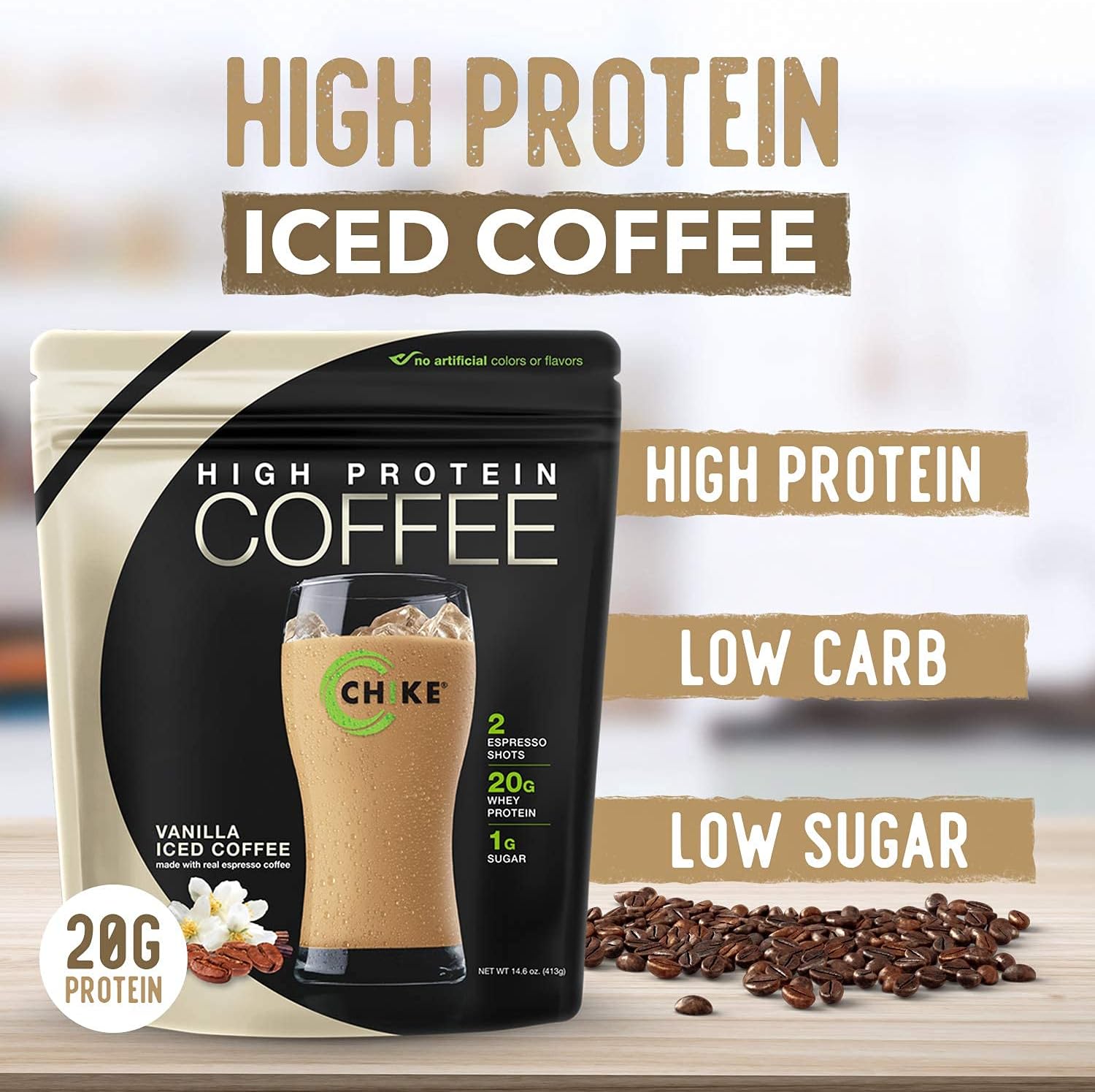 CHIKE Vanilla High Protein Iced Coffee, 20 G Protein, 2 Shots Espresso, 1 G Sugar, Keto Friendly and Gluten Free, 12 Single Serve Packets