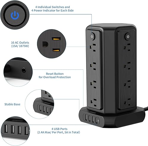 Miniatura 5 de NTONPOWER - Cable de extensión de 10 pies con múltiples tomas, 16 tomacorrientes y 4 USB, protector de sobretensión, estación de carga de escritorio