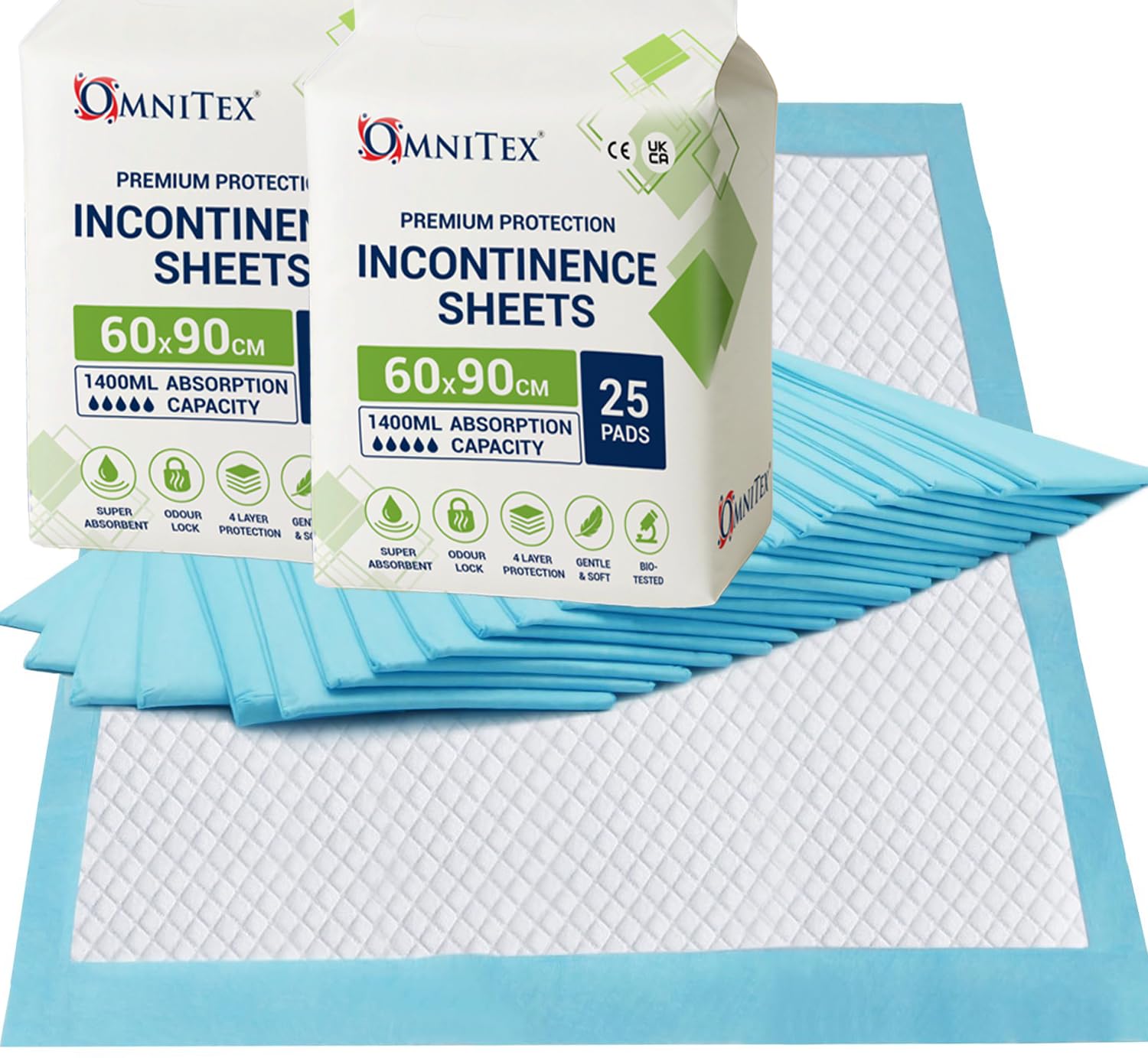 Omnitex 50Pk 1400Ml Day Bed Protection 60X90cm Disposable Incontinence Pads, Bio Tested To Be Kind To Skin, Leak Control Incontinence Bed Pad, Mattress Protector Sheets, Premium Absorption Underpad