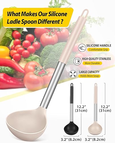 Miniatura 2 de Paquete de 2 cucharones de cucharón, cuchara grande de silicona para sopa, utensilios de cocina antiadherentes con alta resistencia al calor, sin