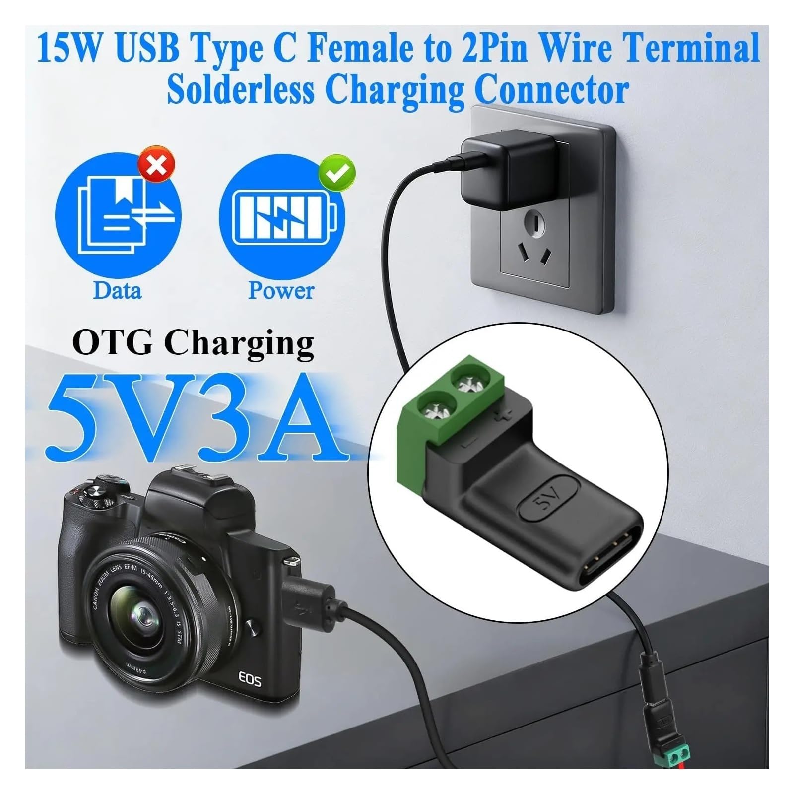 1-4 szt. USB C na 2 Pin Screw Terminal 5 V Solderless Adapter