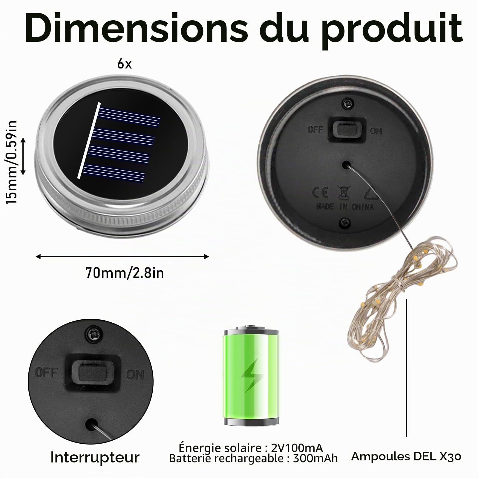 Lot de 6 couvercles solaires Mason Jar Light - 3 m - 30 LED - Verre solaire - Guirlande lumineuse - Bocal en verre - Lanterne suspendue - Jardin, terrasse, arrière-cour