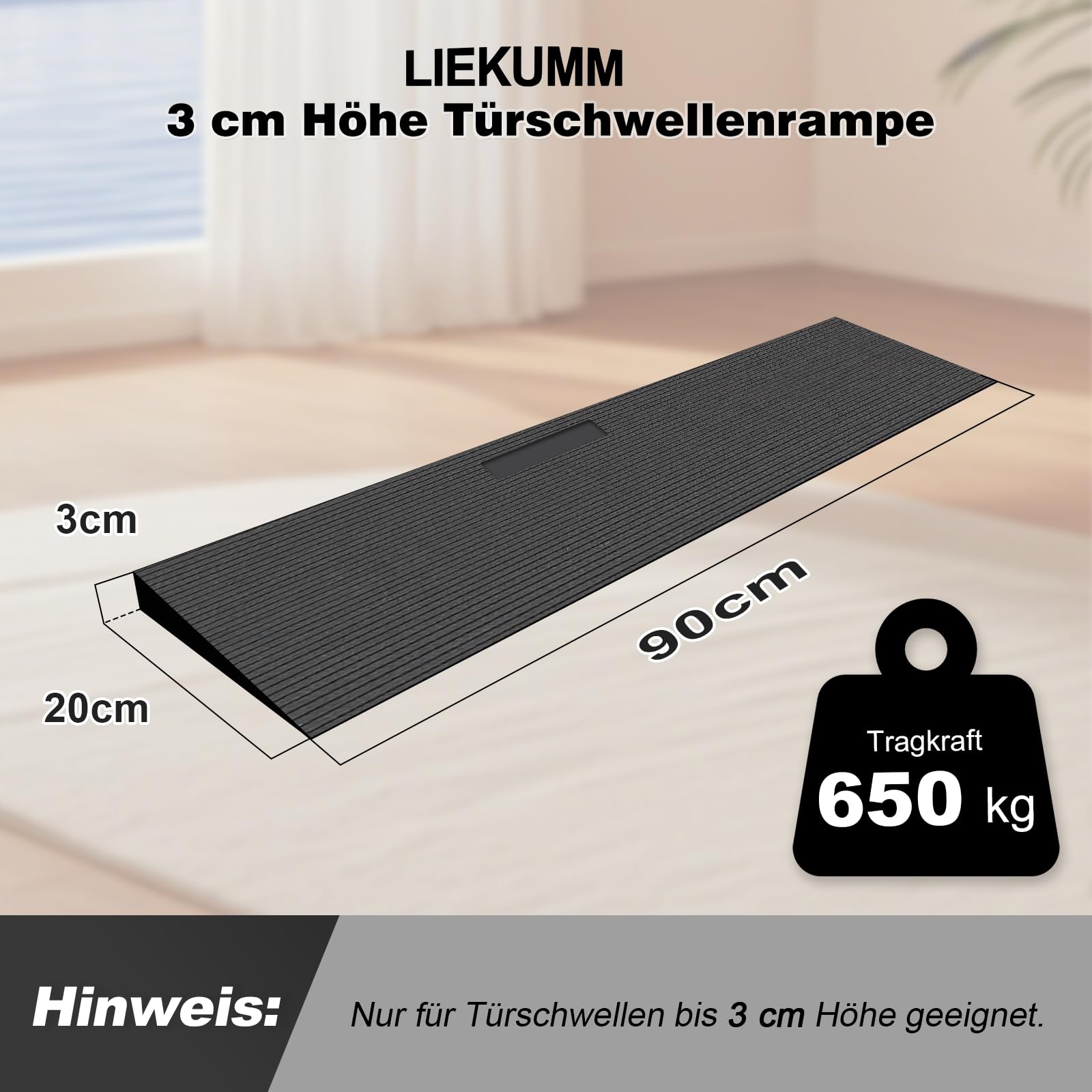 LIEKUMM Gummi Türschwellenrampe 3 cm Höhe, 650 kg Tragkraft Rollstuhlrampe, rutschfest Schwellenrampe für Türschwellen, Bordsteine, Stufen, Rollator, Scooter, Kinderwagen
