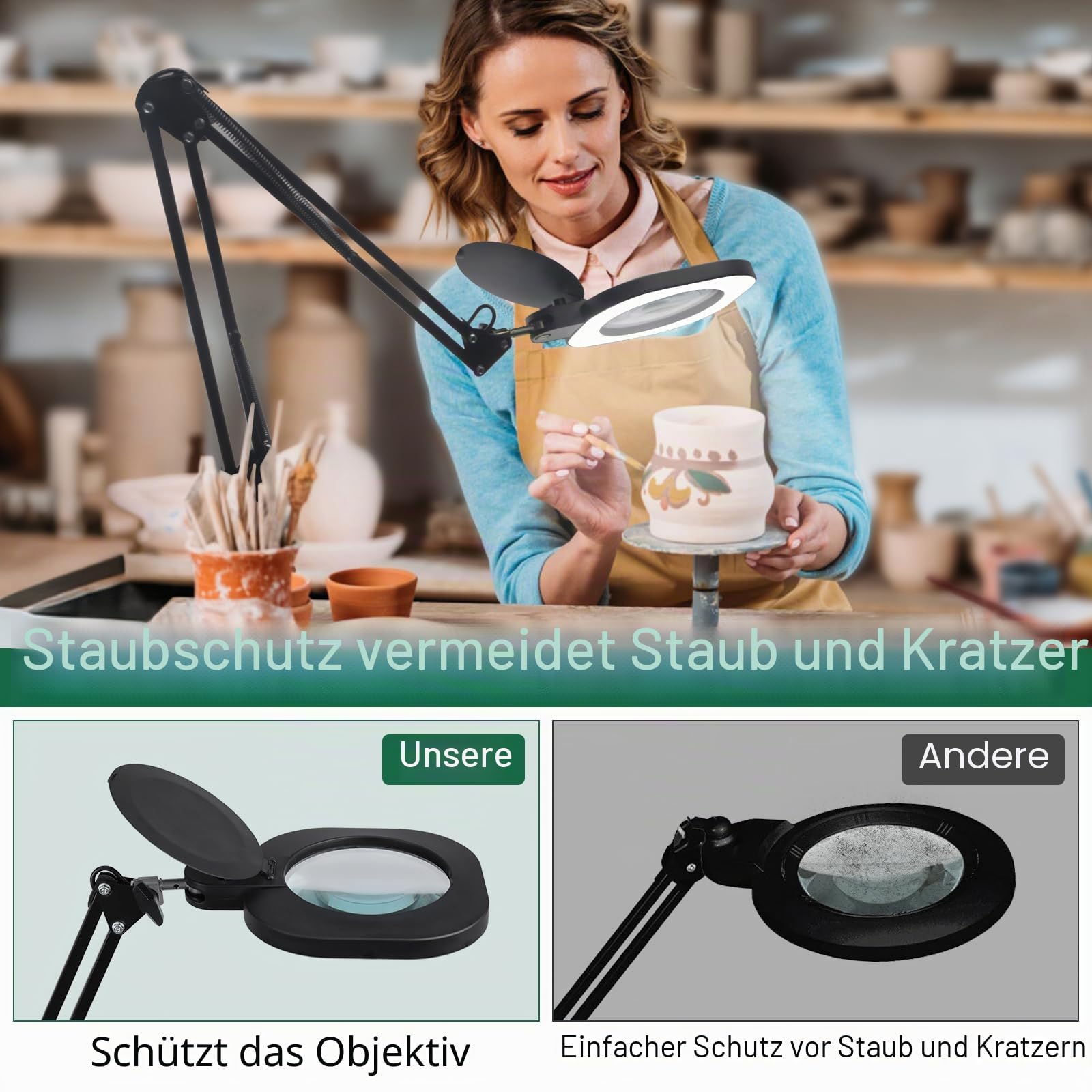 CGBE 2-in-1 Lupenlampe (Standfuß + Klemme) 10X Händefrei für feine Arbeiten | 4,84" Glaslinse Lupenleuchte mit Verstellbarem Schwenkarm 5 Farbmodi Stufenlos Dimmbar Höhenverstellbare Standlupe mit Licht