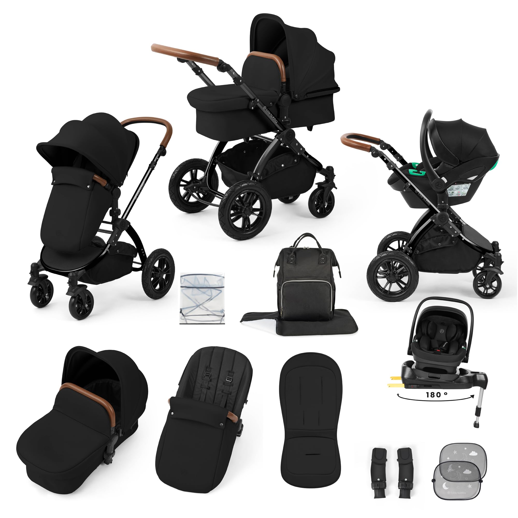 Système de voyage Ickle Bubba Stomp Luxe 12 pièces avec siège auto i-Size Nimbus et base ISOFIX pivotante à 180° – De la naissance à 22 kg (environ 4 ans) (Minuit/Beige, Châssis noir)