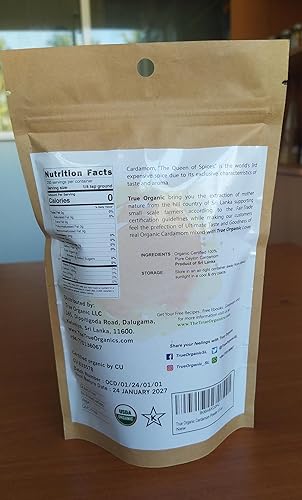 True Organic Polvo de cardamomo de 3.5 onzas – Certificado orgánico, certificado USDA y Kosher, Ceilán puro de calidad premium