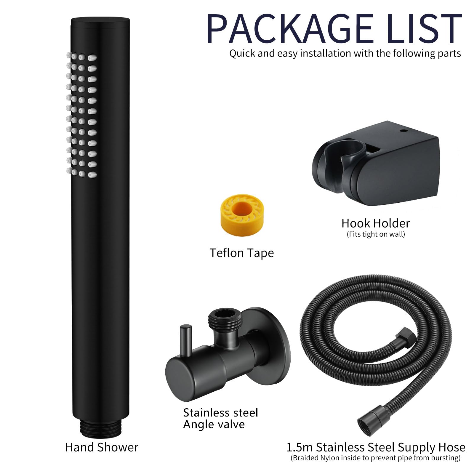 Soffione Doccia Anticalcare con Valvola ad Angolo 1/2", Doccetta in Acciaio Inox Alta Pressione, Set con Tubo Flessibile 1,5m e Supporto, Risparmio Idrico per Bagno e Animali