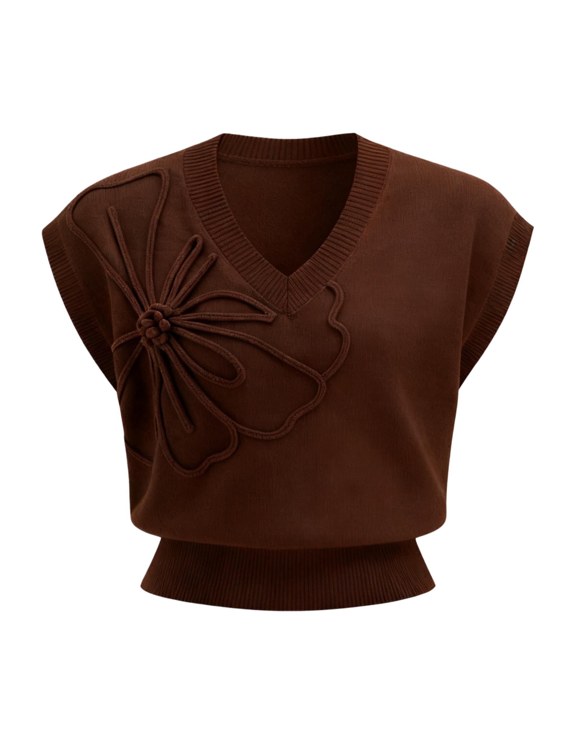 Yeokou Women Knit Pullover V-Neck Short Sleeve Floral Tops Casual Ribbed Sweater Knitwear