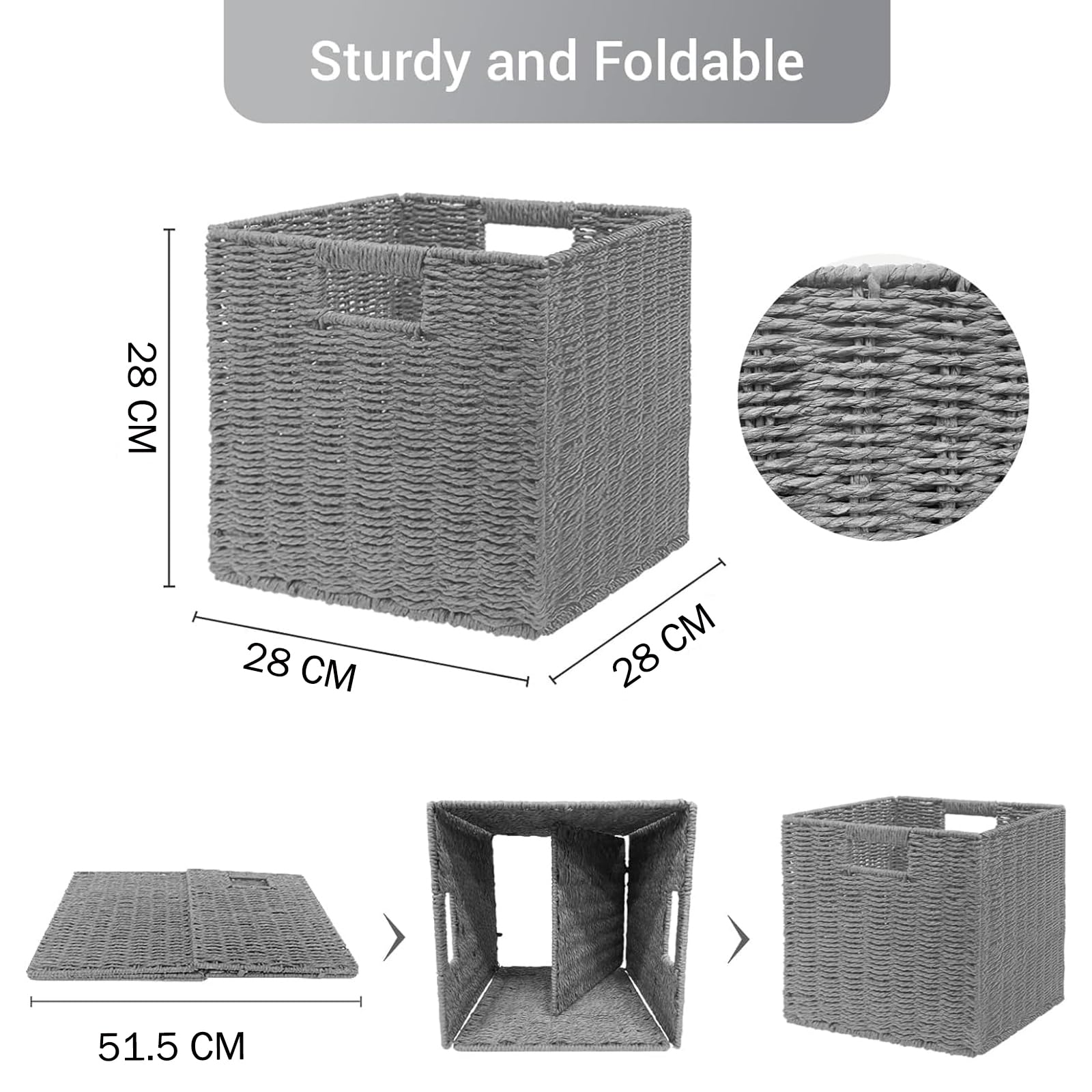 2 Cestas de Almacenaje, Cesta Mimbre Tejidas a Mano Cubo 28CM, Cesta Grande Plegable de Papel de Jacinto de Agua con Asas, Cesto Decorativo para Baño Estanterías Kallax Cocina Gris