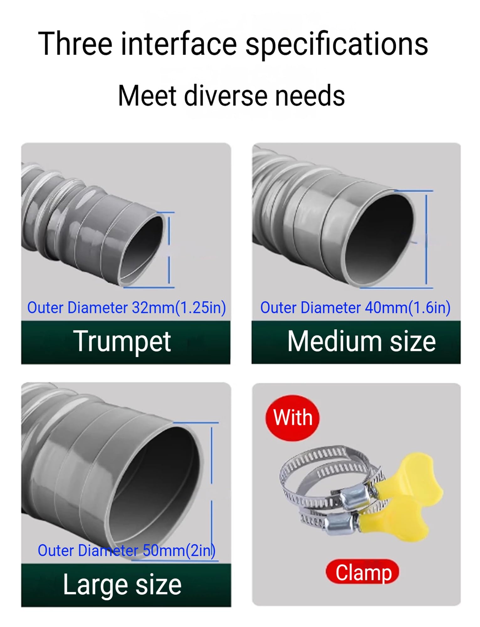 Tube d'étang de 2 ", tuyau ondulé en PVC avec 2 pinces en acier inoxydable(40mm/1.6",250cm/8')