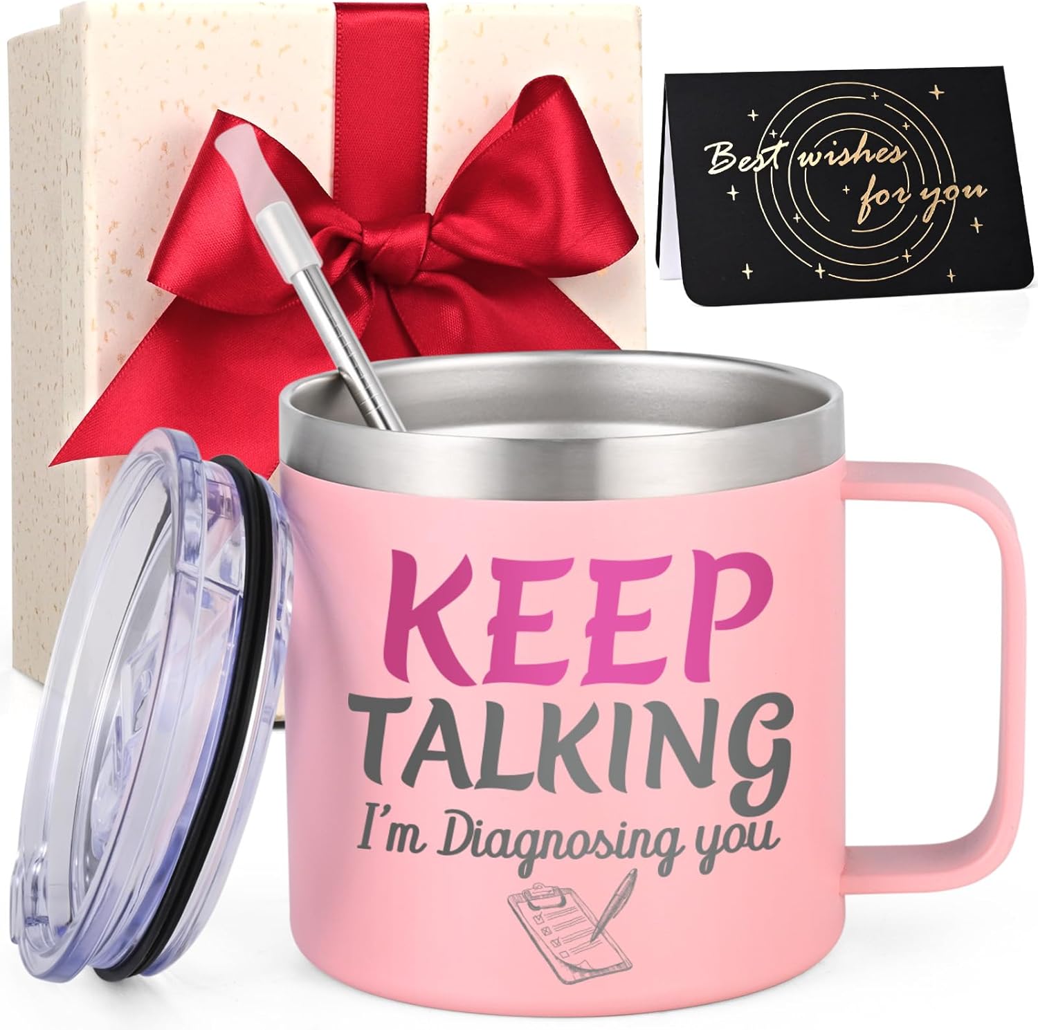 LiqCool Therapist Gifts, Cute 14 Oz Keep Talking Insulated Coffee Mug, Psychology Counselor Gifts for Women, Best Birthday Gift for Doctor Psychiatrist with Gift Box(Pink)