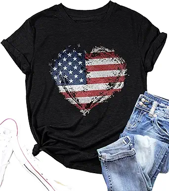 Ovazly Women's American Flag Graphic T-Shirt 4th of July Patriotic Summer Top