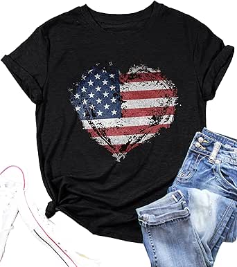 Ovazly Women American Flag Shirts USA Flag Stars Stripes Graphic Blouse Patriotic Shirt 4th of July T Shirt Summer Tops Tee