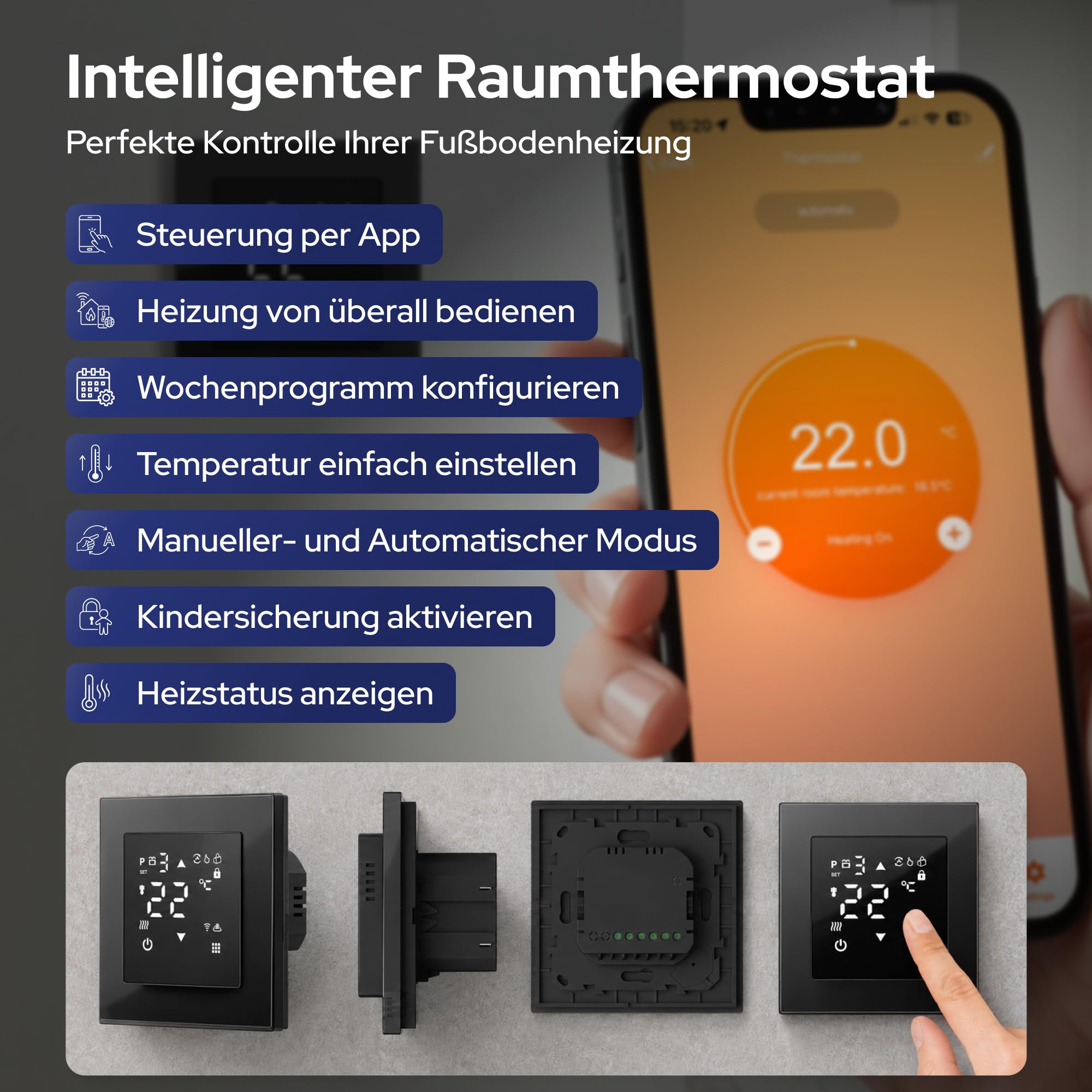 VILSTEIN® Elektrische Fußbodenheizung 200W/m² Set – Komplettset mit WiFi | Touchscreen-Thermostat & App-Steuerung – Heizmatte Twin-Technologie geeignet für Laminat, Fliesen & mehr – 5m²