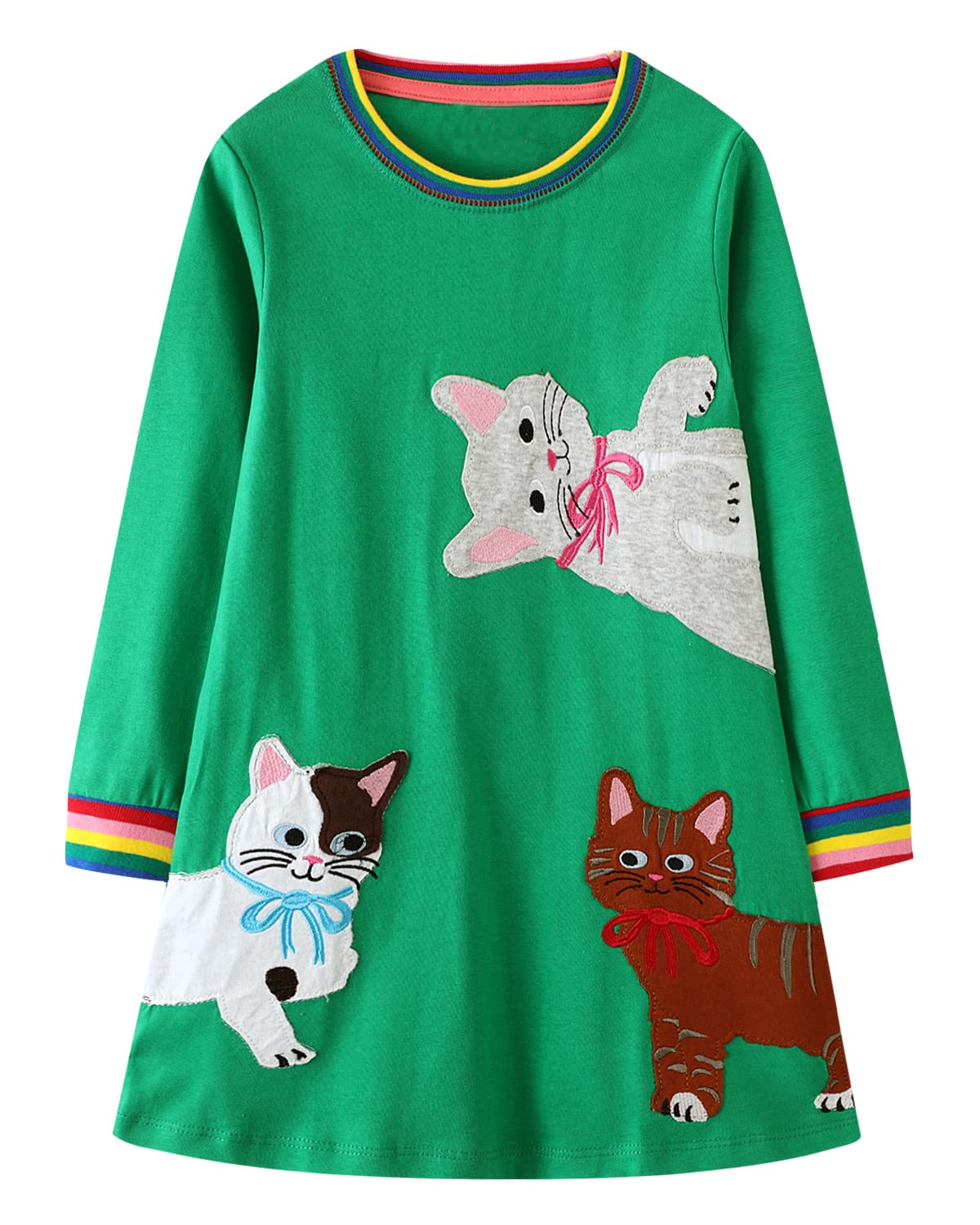 Girls Cotton Long Sleeve Casual Cartoon Appliques Striped Jersey Dresses