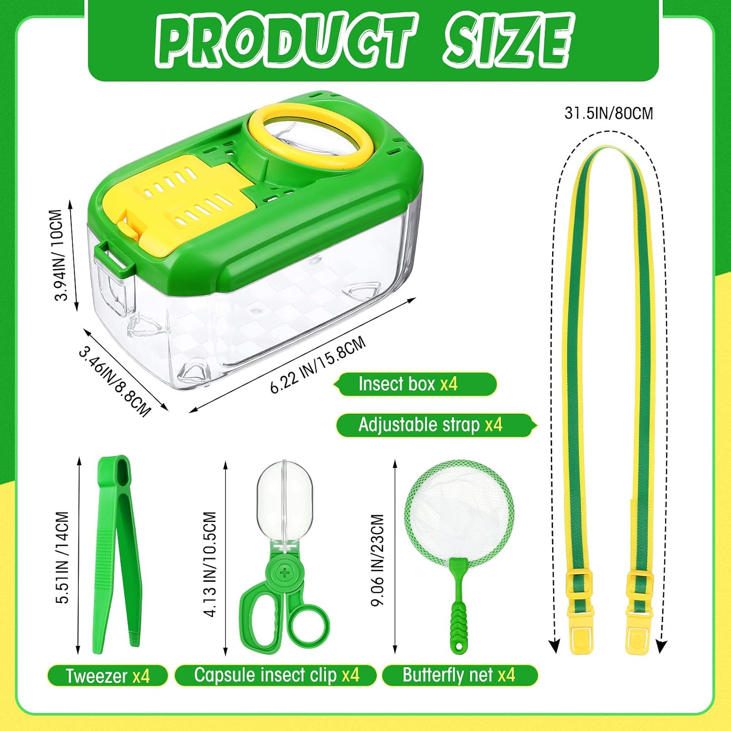 Halloscume 4 Sets Bug Catcher for Kids Students Insect Catching Kit Collector Bug Box with House, Butterfly Net, Tweezer, Cage Habitats Container Collection Explorer Gift (Green)