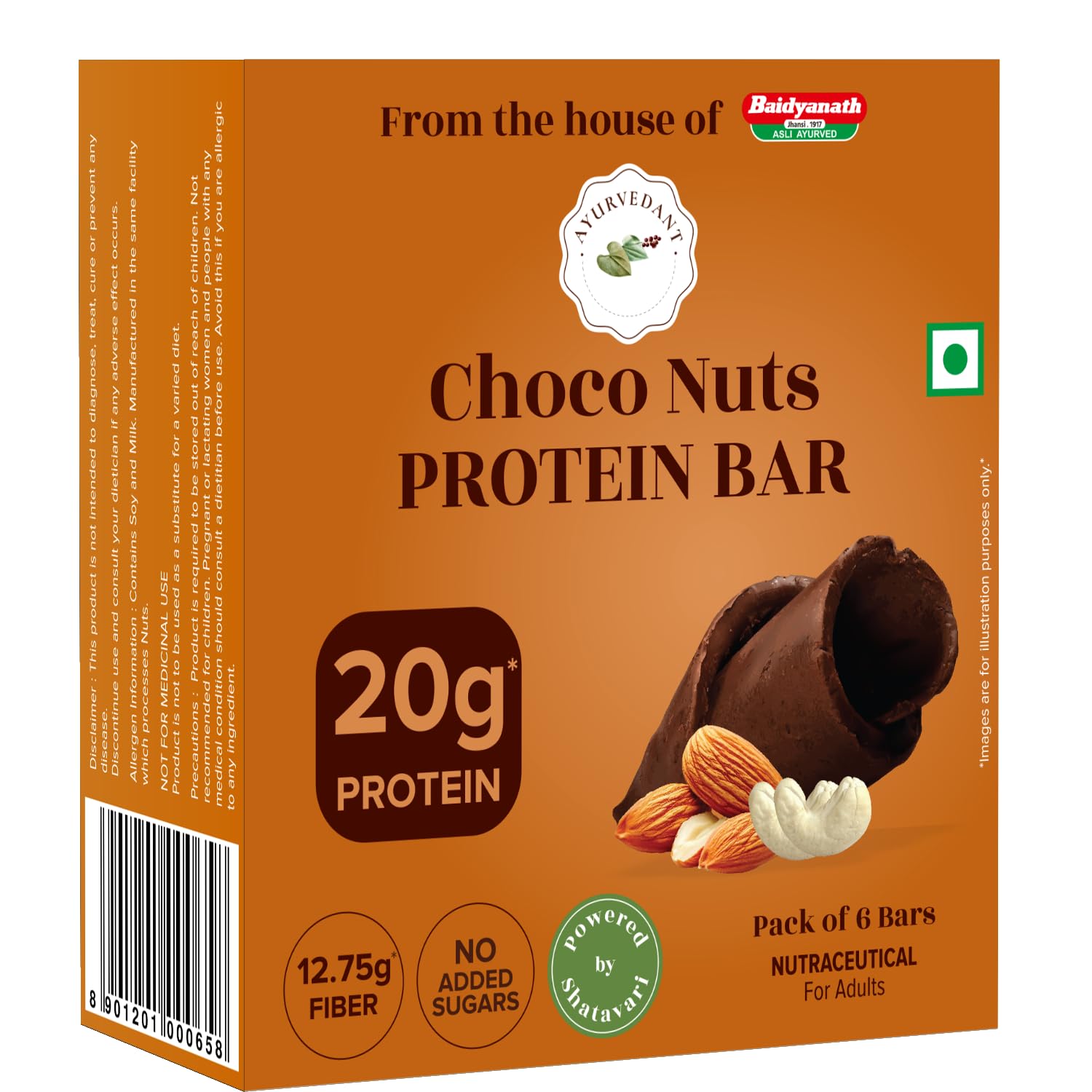 Ayurvedant Choco Nuts Protein Bar, 20g Protein, No Added Sugar, 60g x 6 Pack|From The House Of Baidyanath 4