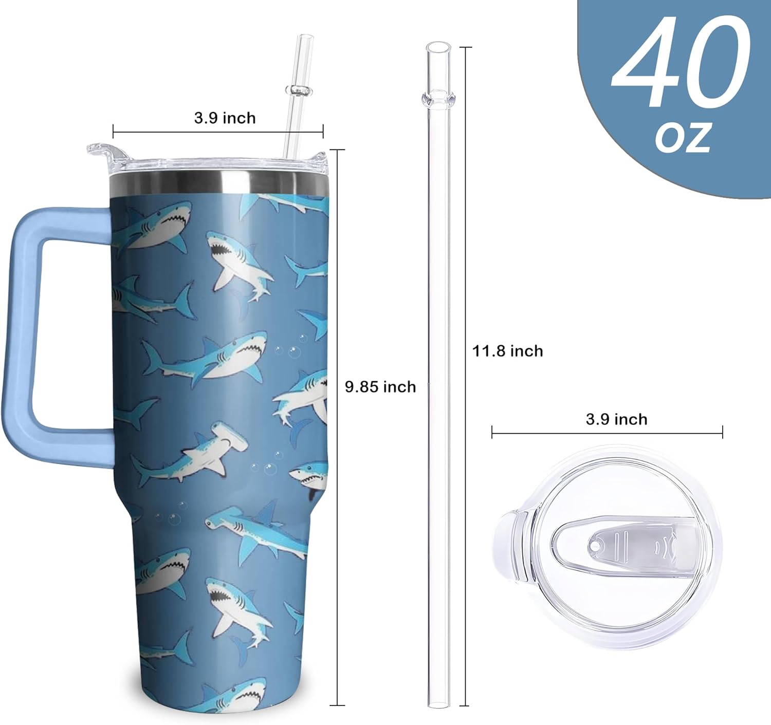 Shark Tumbler with Handle and Straw, 40 oz Stainless Steel Pink Insulated Cup with Lid and Straw,Travel Coffee Mug Water Bottle, Birthday Christmas Mothers Day Gifts for Animal Lovers Women - Image 2