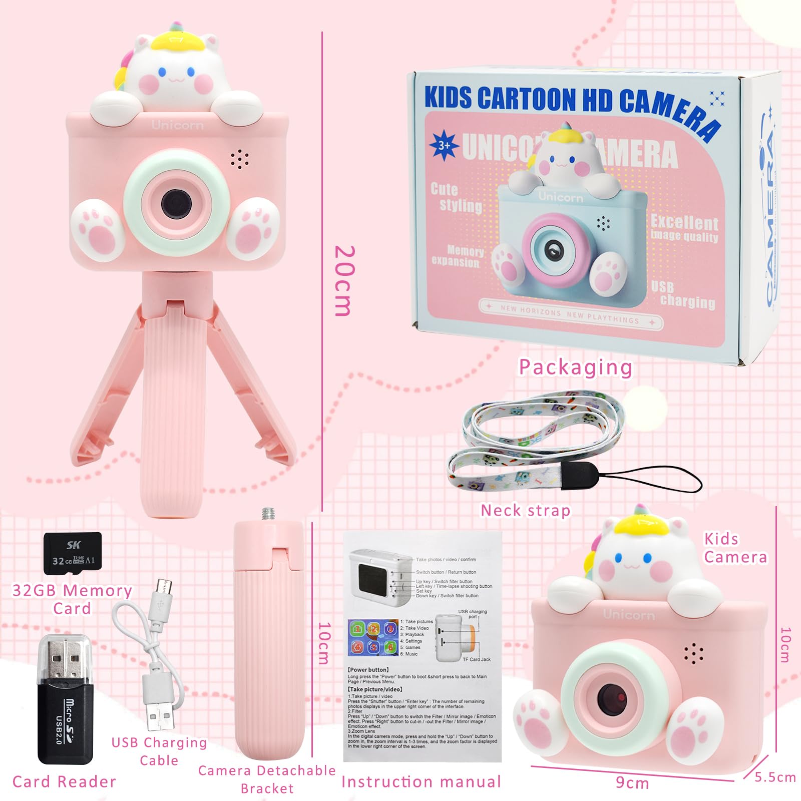 HOOMOON Licorne Appareil Photo Enfants, Caméra Selfie Jouet Enfant, Cadeau Fille Garçon, Carte SD 32 Go, Enregistreur Vidéo HD 1080p, Cadeaux d'anniversaire de Noël pour 3 4 5 6 7 8 9 10 Ans Enfants
