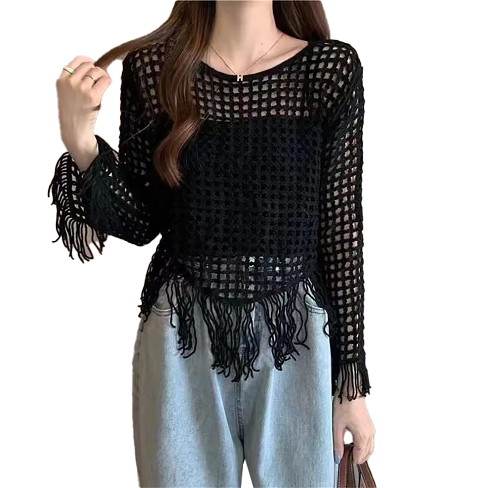 icw Women Knitted Cut Work Transparent Crochet Sheer Hollow Out Long Sleeve Crop Top T-Shirt DN2198-picture-12