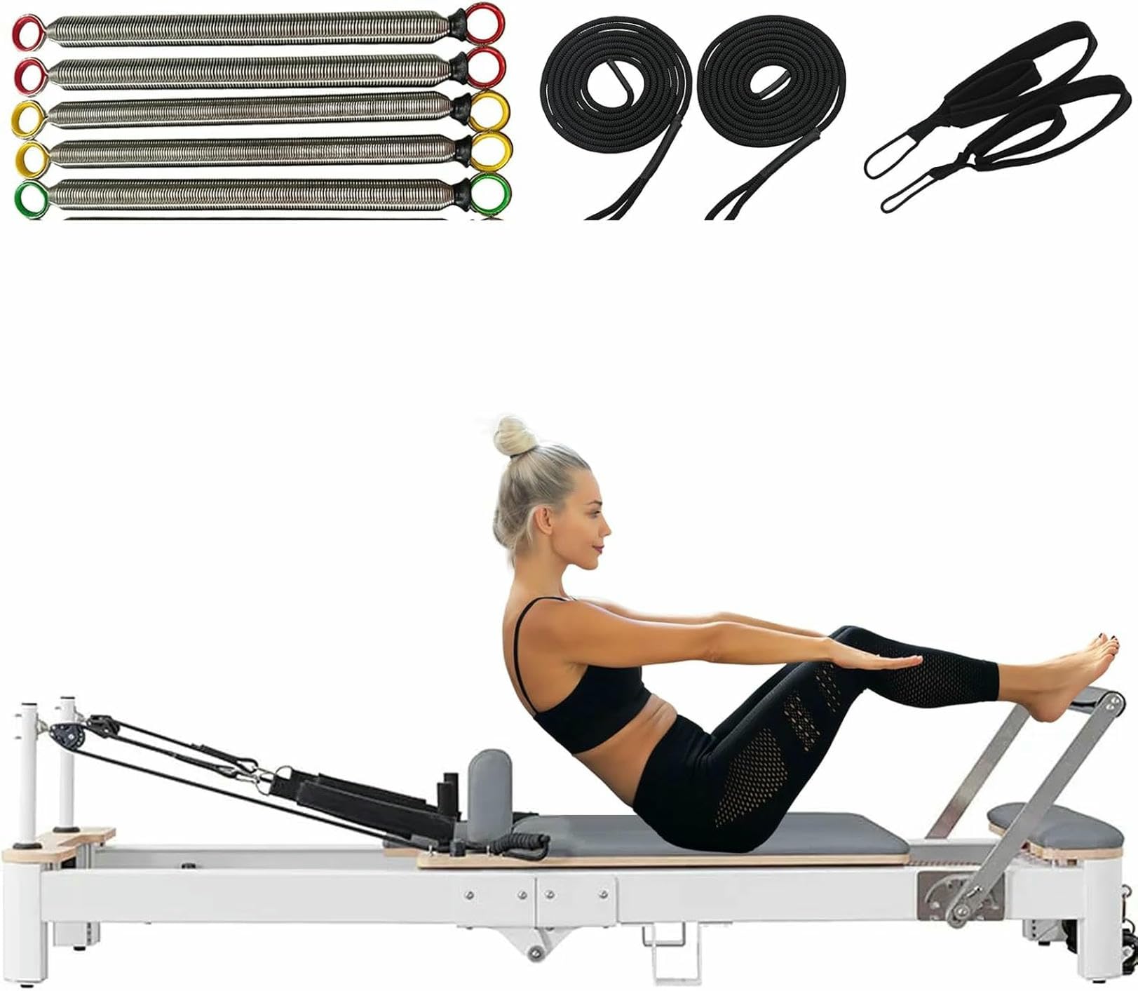 Pilates Reformer Machine con Telaio in Alluminio Pieghevole e Portatile per l'allenamento a casa, Include Scatola Quadrata, Trampolino, Molla