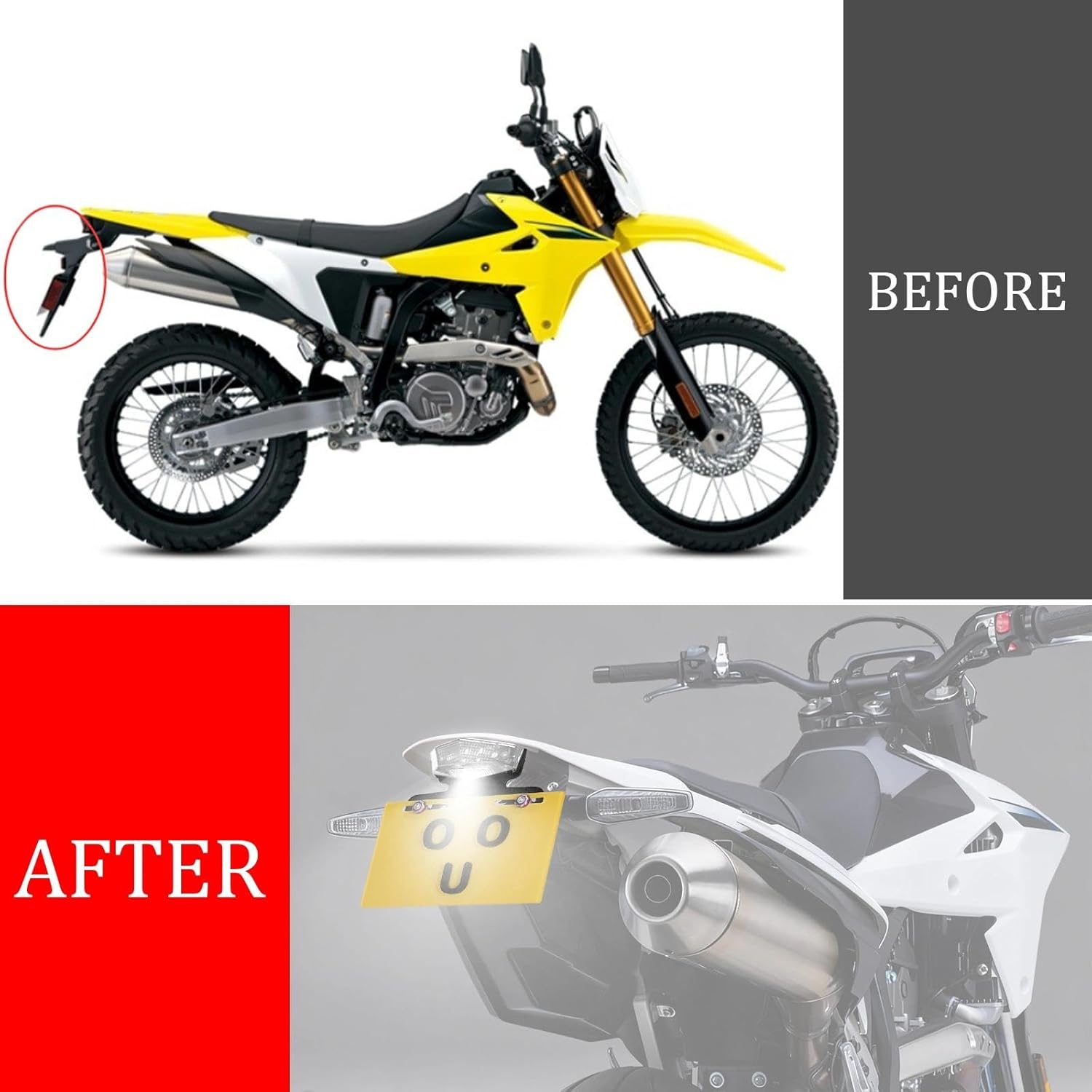 Plug & Play DRZ4S DRZSM Fender Eliminator Tail Tidy w/LED Tail Brake Light Compatible With DR-Z4S DR-Z4SM 2025-2026 License Plate Holder Bracket (Clear)