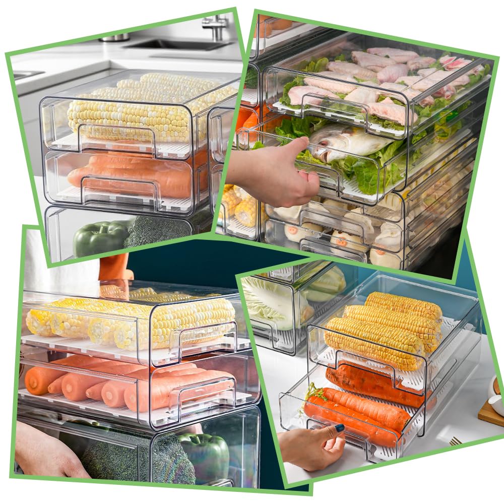 Kühlschrank Organizer Doppelschichtige Aufbewahrungsbox Stapelbare Aufbewahrungsschubladen 25*21*14.5cm Vorratsbehälter durchsichtige Küchen Aufbewahrung Organizer für Kühlschrank, Schrank