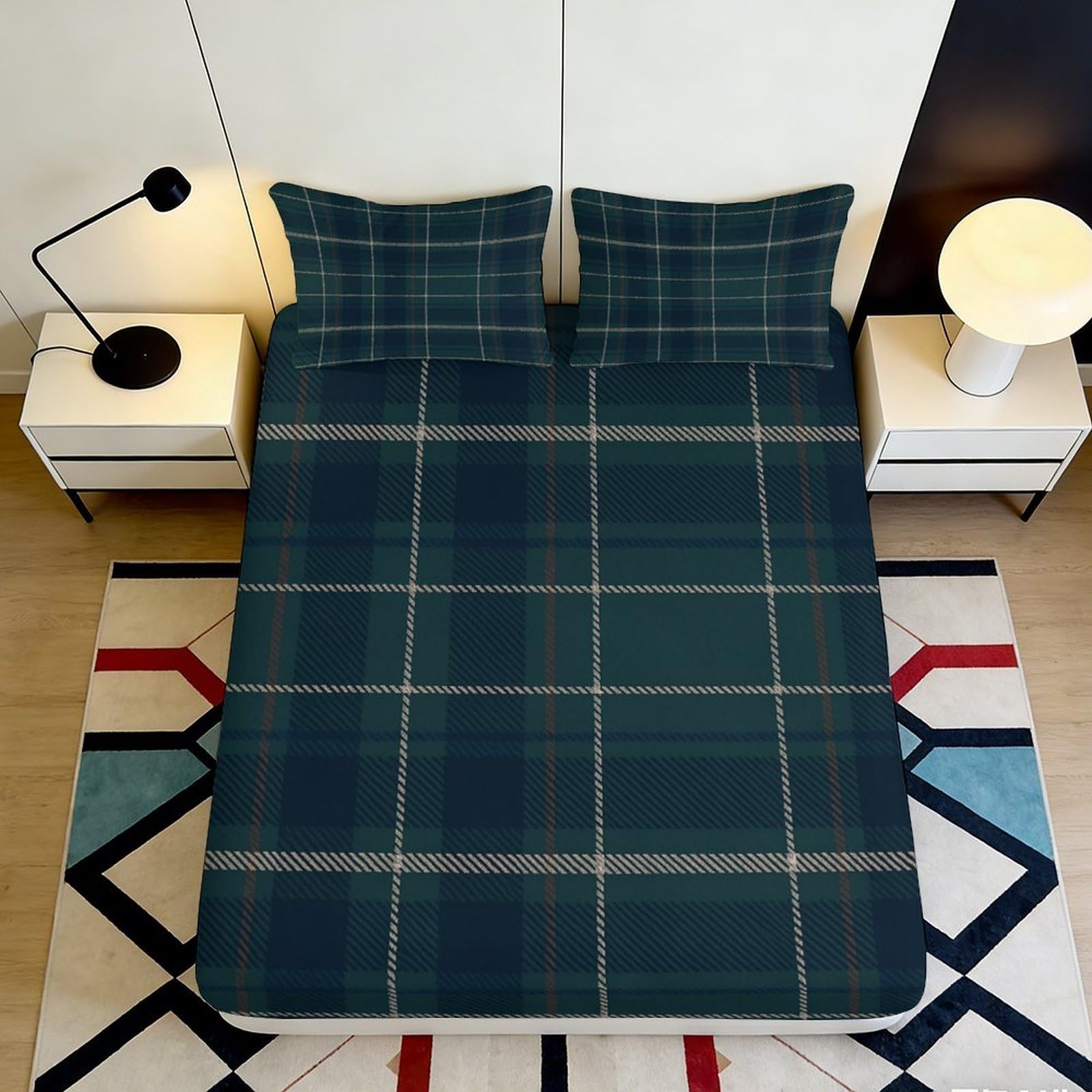 3D Printed Plaid Fitted Sheet Microfiber Deep Pocket Non-Slip Plaid Mattress Fitted Cover Elastic Hem Bedding 90x200x25cm