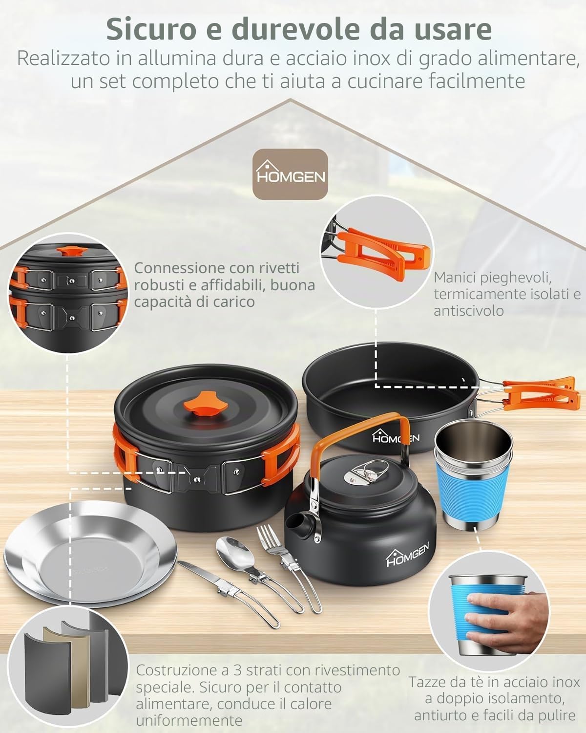HOMGEN Set di 13 Pezzi Pentole da Campeggio con Padella Set da Cucina da Campeggio in Alluminio Kit di Pentole da Campeggi Portatile Kit di Cottura Leggero Attrezzatura da Cucina per Esterni