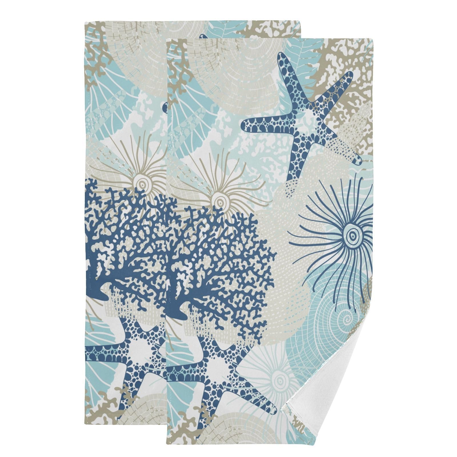 KENADVI Aqua Blue Nautical Hand Towels for Bathroom Set of 2 Coastal Beach Theme Coral Starfish Dish Towels for Kitchen 14"x28" Soft Absorbent